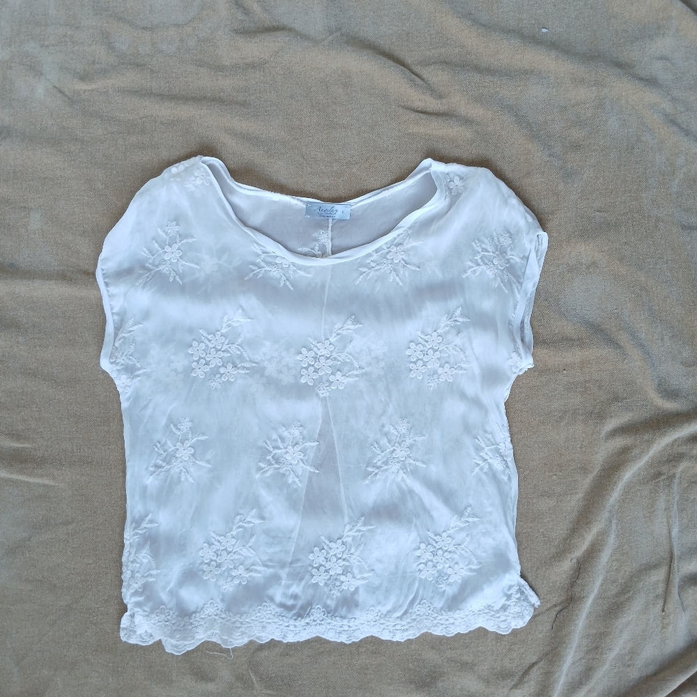 Angela Moda Boho Chic Semi Sheer Embroidered Top White Size Large